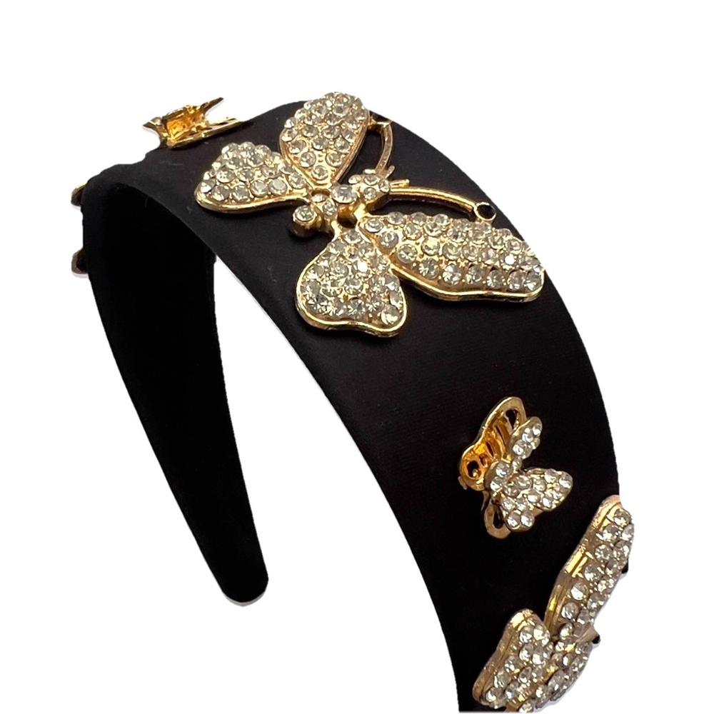 NEW  Anthropologie Butterfly Headband Rhinestone Crystals Women's Black 3D Gold